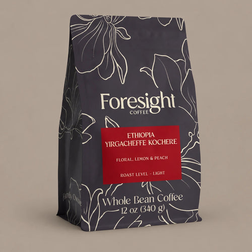 Ethiopia Yirgacheffe Kochere | Change the white background color around the bag to taupe.