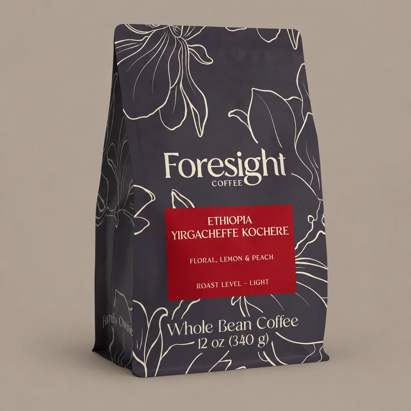 Ethiopia Yirgacheffe Kochere | Change the white background color around the bag to taupe.