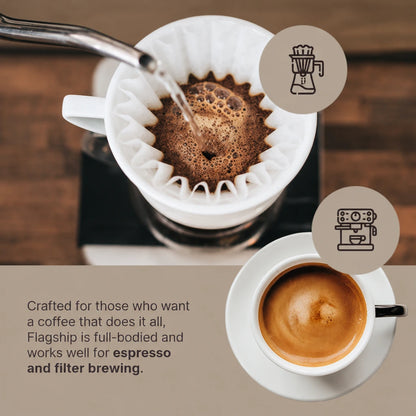 Flagship Blend | Change all of the blue in image 4 to match the taupe background color used in image 1.