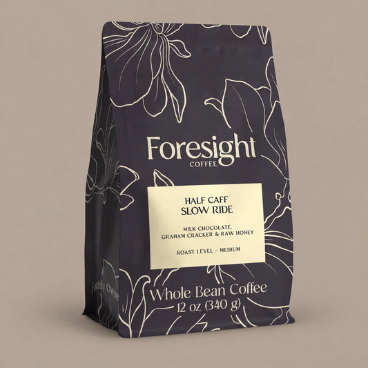 Half Caff Slow Ride | Change the white background color around the bag to taupe.